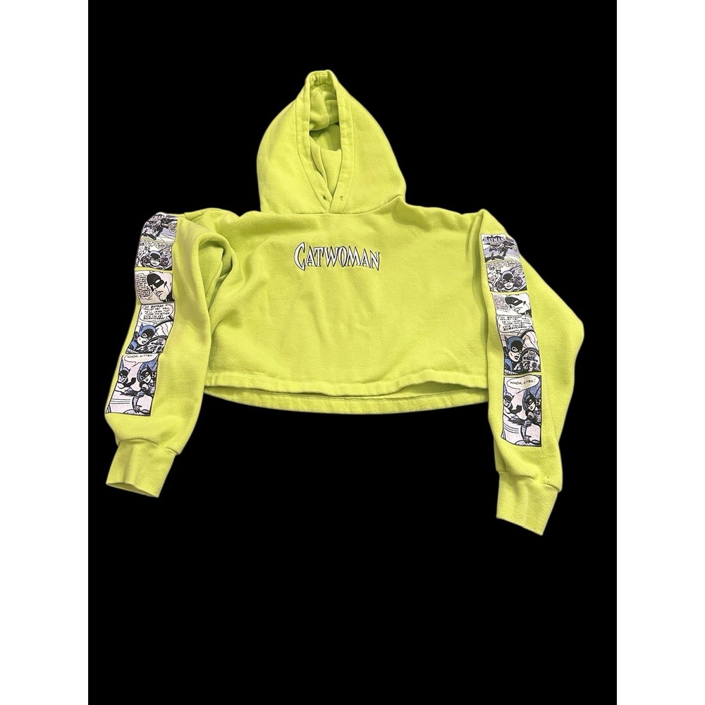 Catwoman DC Comics Forever 21 Girl's Small Crop Top Hooded Sweatshirt Neon Green